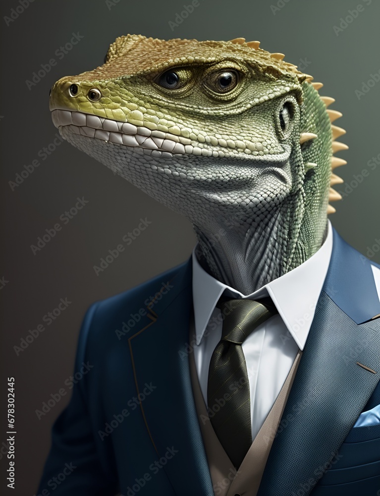 Lizard is dressed elegantly in a suit with a lovely tie. An anthropomorphic animal poses for a fashion photograph with a charming human attitude. Funny animal pictures with Suit jacket and tie Lizard is dressed elegantly in a suit with a lovely tie. An anthropomorphic animal poses for a fashion photograph with a charming human attitude. Funny animal pictures with Suit jacket and tie