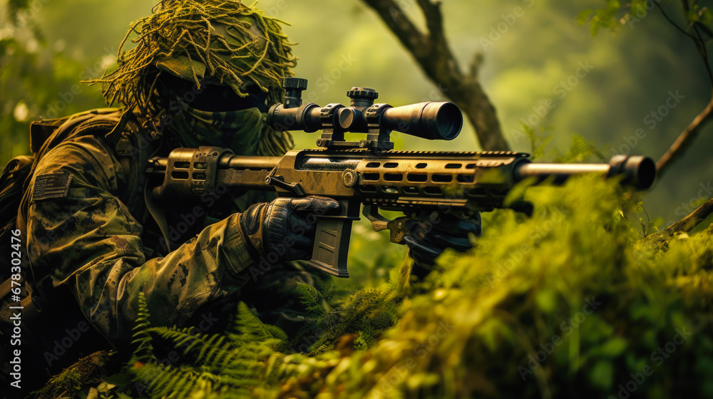 Well hidden sniper lying down on a hill in the jungle, wearing a camouflage ghillie suit that matches the jungle, face paint . Advanced sniper rifle with a scope and bipod Well hidden sniper lying down on a hill in the jungle, wearing a camouflage ghillie suit that matches the jungle, face paint . Advanced sniper rifle with a scope and bipod