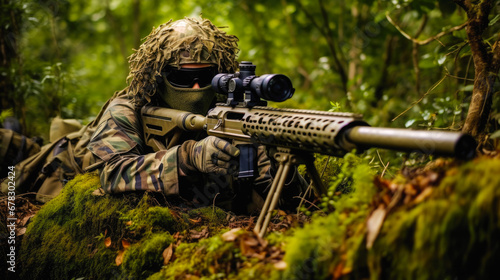 Well hidden sniper lying down on a hill in the jungle, wearing a camouflage ghillie suit that matches the jungle, face paint . Advanced sniper rifle with a scope and bipod photo