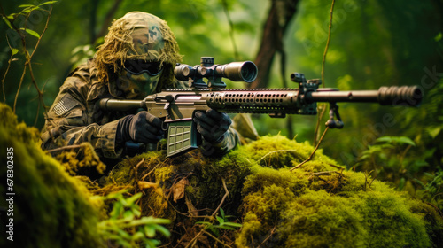 Well hidden sniper lying down on a hill in the jungle, wearing a camouflage ghillie suit that matches the jungle, face paint . Advanced sniper rifle with a scope and bipod photo