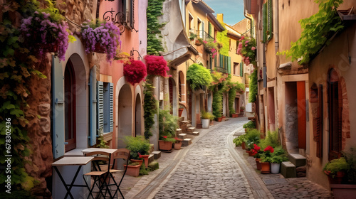 Charming Quaint European Alleyway with Cobblestone Streets, Enhanced with Soft and Pastel Tones to Evoke a Nostalgic and Old-World Atmosphere