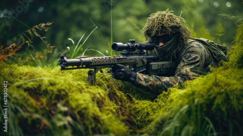 Well hidden sniper lying down on a hill in the jungle, wearing a camouflage ghillie suit that matches the jungle, face paint . Advanced sniper rifle with a scope and bipod