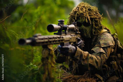 Well hidden sniper lying down on a hill in the jungle, wearing a camouflage ghillie suit that matches the jungle, face paint . Advanced sniper rifle with a scope and bipod