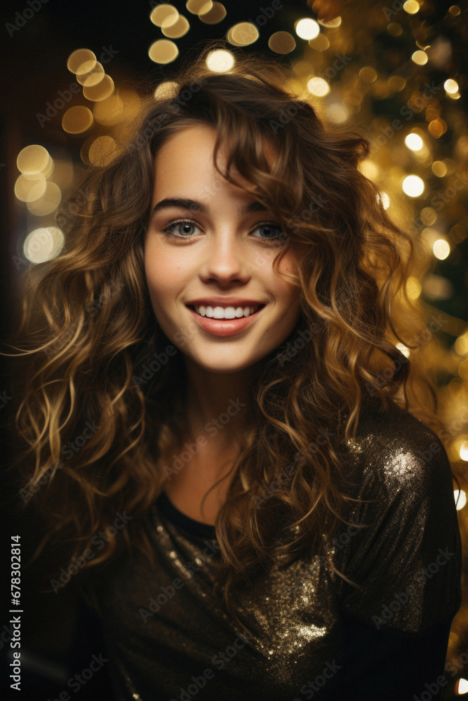 Portrait of a beautiful young woman with curly hair in a black dress on the background of a Christmas tree. Portrait of a beautiful young woman with curly hair in a black dress on the background of a Christmas tree.