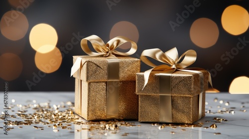  two gold gift boxes with gold ribbons and gold confetti on a shiny surface with lights in the backgroup of the image and a blurry boke of lights in the background. © Shanti