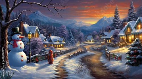  a painting of a snowy village with a snowman in the foreground and a red fire hydrant in the foreground, and a red fire hydrant in the foreground. © Shanti