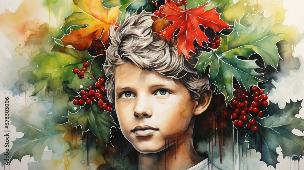  a painting of a young boy with a wreath on his head and holly leaves on his head, in front of a watercolor painting of a boy's face.