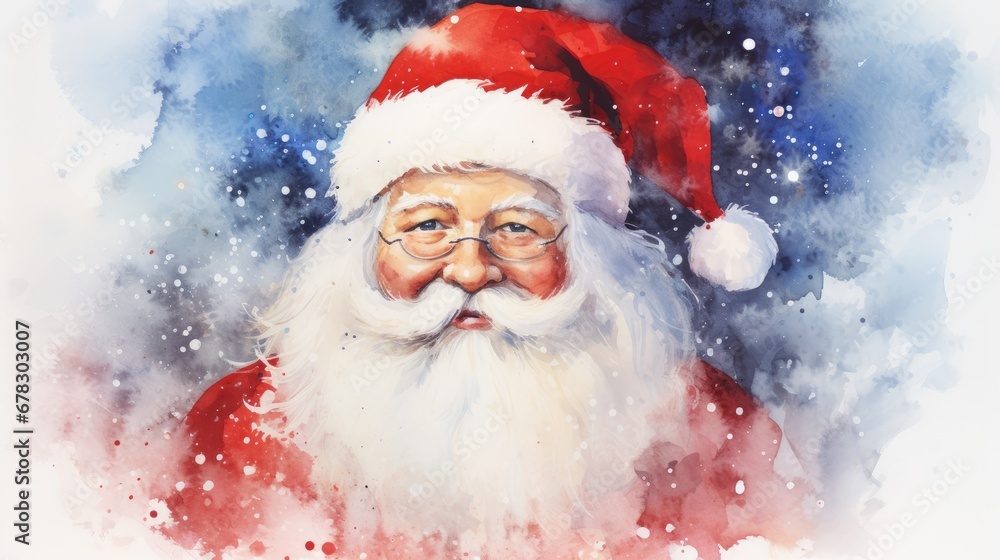 a watercolor painting of a santa clause wearing glasses and a red and white hat with snow flakes on the bottom of his head and bottom half of his face. a watercolor painting of a santa clause wearing glasses and a red and white hat with snow flakes on the bottom of his head and bottom half of his face.