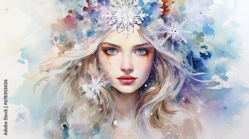  a painting of a woman's face with snowflakes on her head and a snowflake on her head and a snowflake on her head.