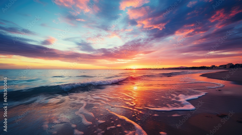  a sunset on a beach with waves coming in to the shore and the sun setting in the sky over the water and the shore line of the beach and the water.