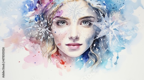  a watercolor painting of a woman s face with a snowflake on her head and a snowflake on her head with snowflakes on her head.