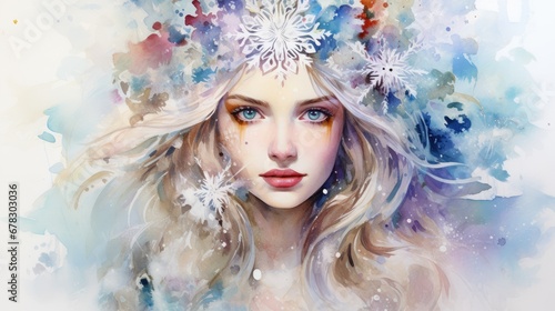  a painting of a woman s face with snowflakes on her head and a snowflake on her head and a snowflake on her head.