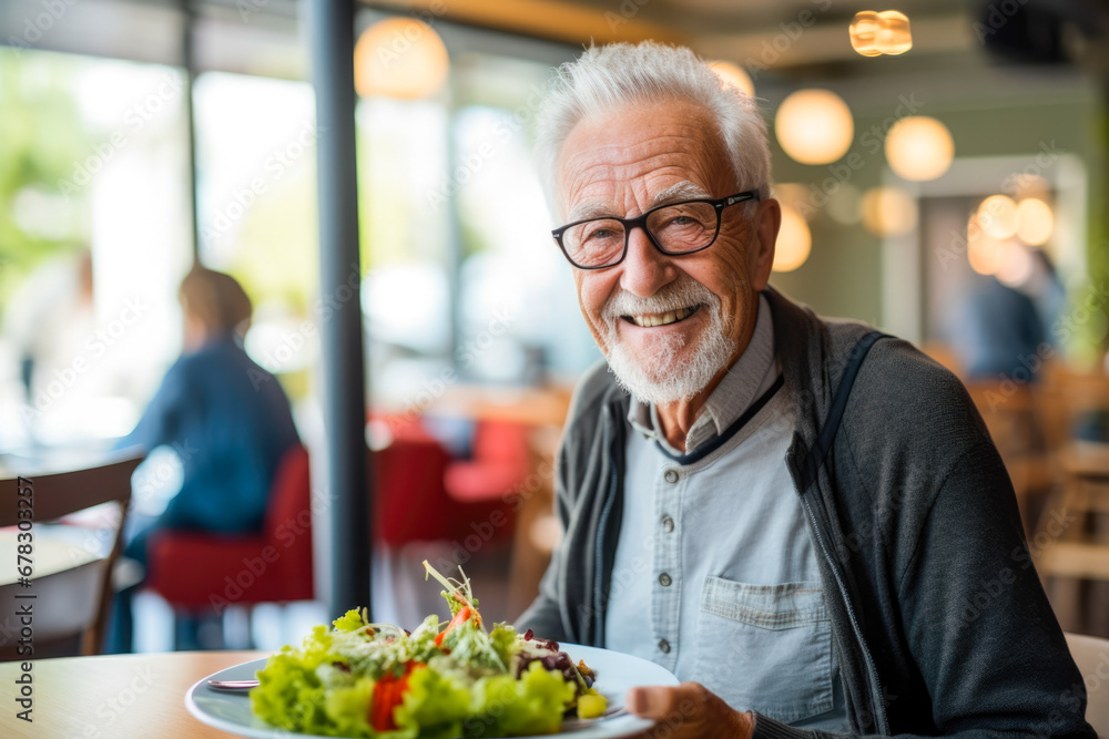Senior man in a retirement home happily enjoying a healthy lunch. A showcase of a lifestyle of well-being and contentment Senior man in a retirement home happily enjoying a healthy lunch. A showcase of a lifestyle of well-being and contentment