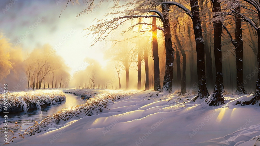 Zimowy krajobraz. Generative AI - obrazy, fototapety, plakaty 