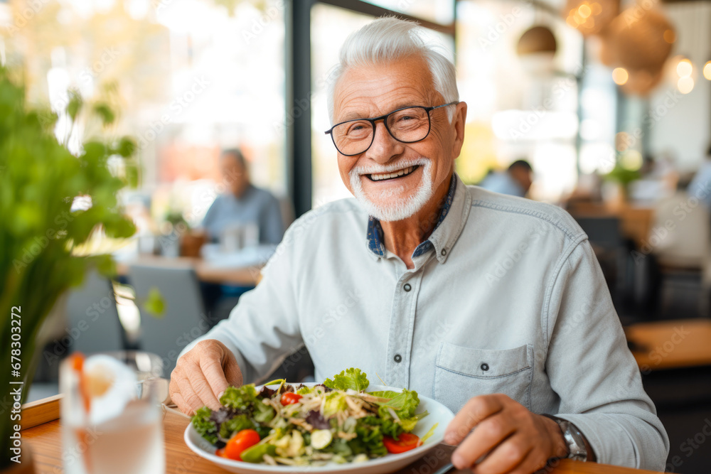 Senior man in a retirement home happily enjoying a healthy lunch. A showcase of a lifestyle of well-being and contentment Senior man in a retirement home happily enjoying a healthy lunch. A showcase of a lifestyle of well-being and contentment
