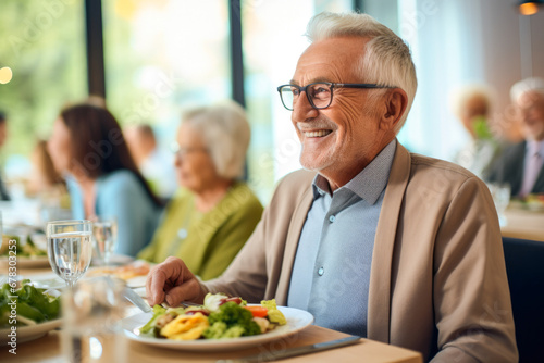 Senior man in a retirement home happily enjoying a healthy lunch. A showcase of a lifestyle of well-being and contentment