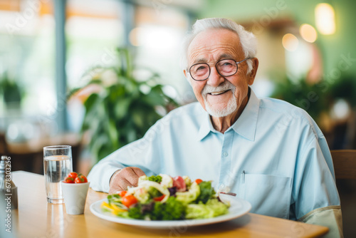 Senior man in a retirement home happily enjoying a healthy lunch. A showcase of a lifestyle of well-being and contentment