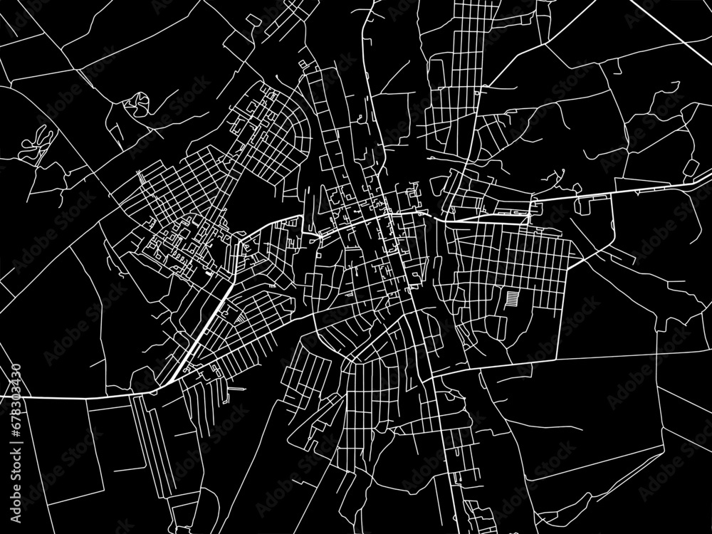Vector road map of the city of Bakhmut in Ukraine with white roads on a black background.