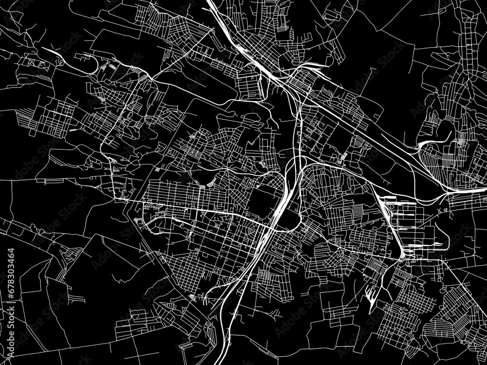 Vector road map of the city of Horlivka in Ukraine with white roads on a black background.