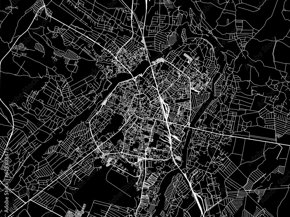 Vector road map of the city of Ivano-Frankivsk in Ukraine with white roads on a black background.