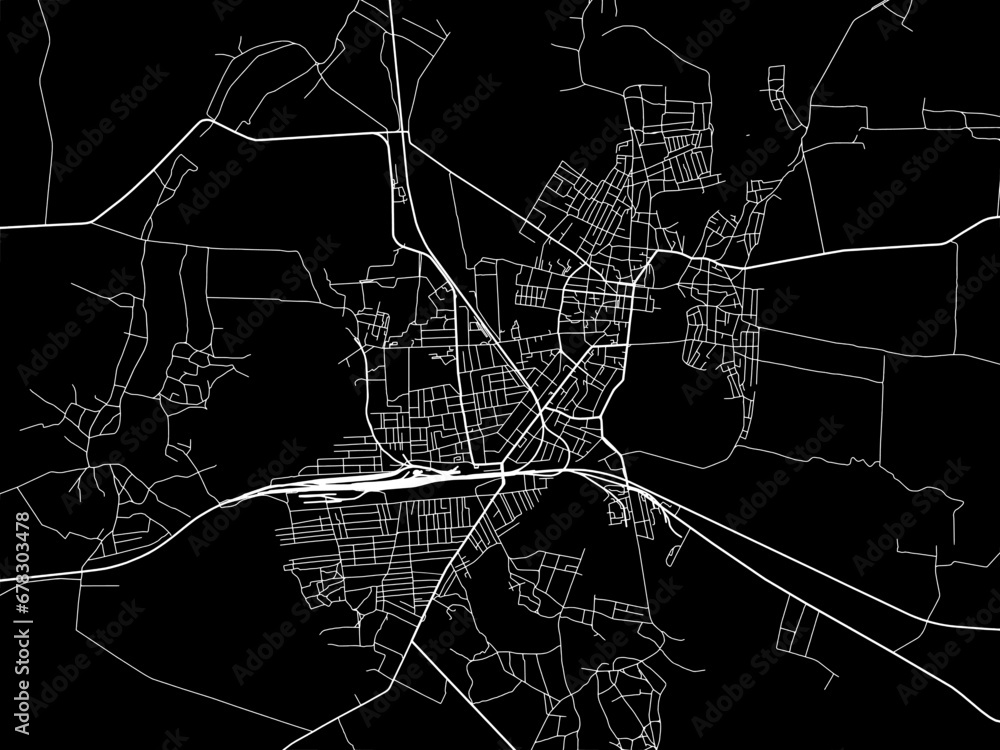 Vector road map of the city of Konotop in Ukraine with white roads on a black background.