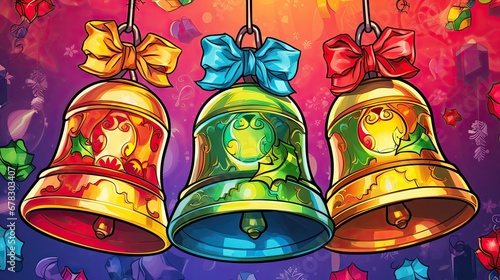  three bells with bows hanging from them on a red, yellow, and blue background with confetti and bows on the top and bottom of each of the bells.
