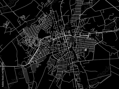 Vector road map of the city of Bakhmut in Ukraine with white roads on a black background.