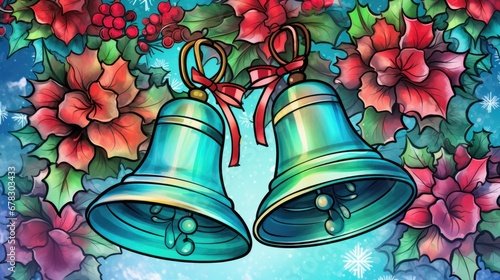  a painting of two bells in front of a wreath of holly and poinsettis with a bow on a blue background with snowflakes and snowflakes.