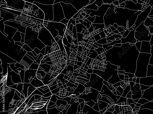 Vector road map of the city of Kadiyivka in Ukraine with white roads on a black background.