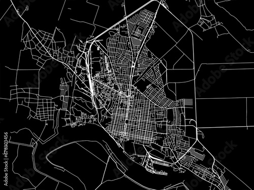 Vector road map of the city of Izmail in Ukraine with white roads on a black background.