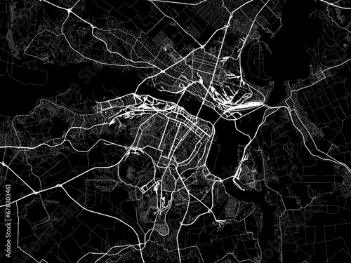 Vector road map of the city of Dnipro in Ukraine with white roads on a black background.