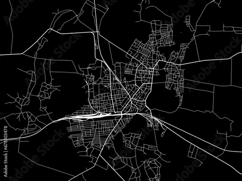 Vector road map of the city of Konotop in Ukraine with white roads on a black background.