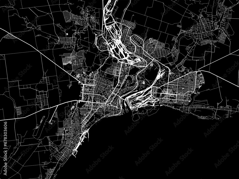 Vector road map of the city of Mariupol in Ukraine with white roads on a black background.
