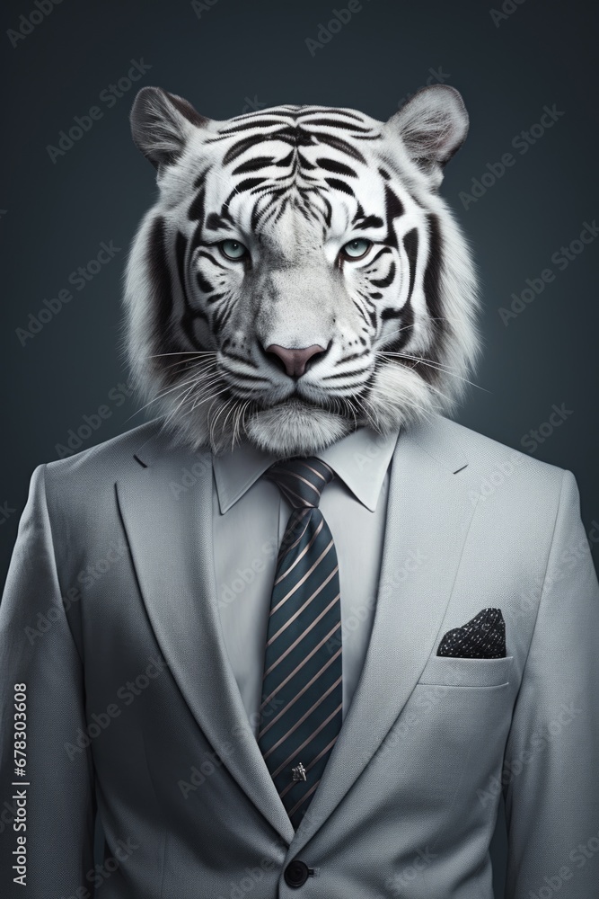 A picture of a white tiger dressed in a suit and tie. Perfect for business or formal-themed designs A picture of a white tiger dressed in a suit and tie. Perfect for business or formal-themed designs