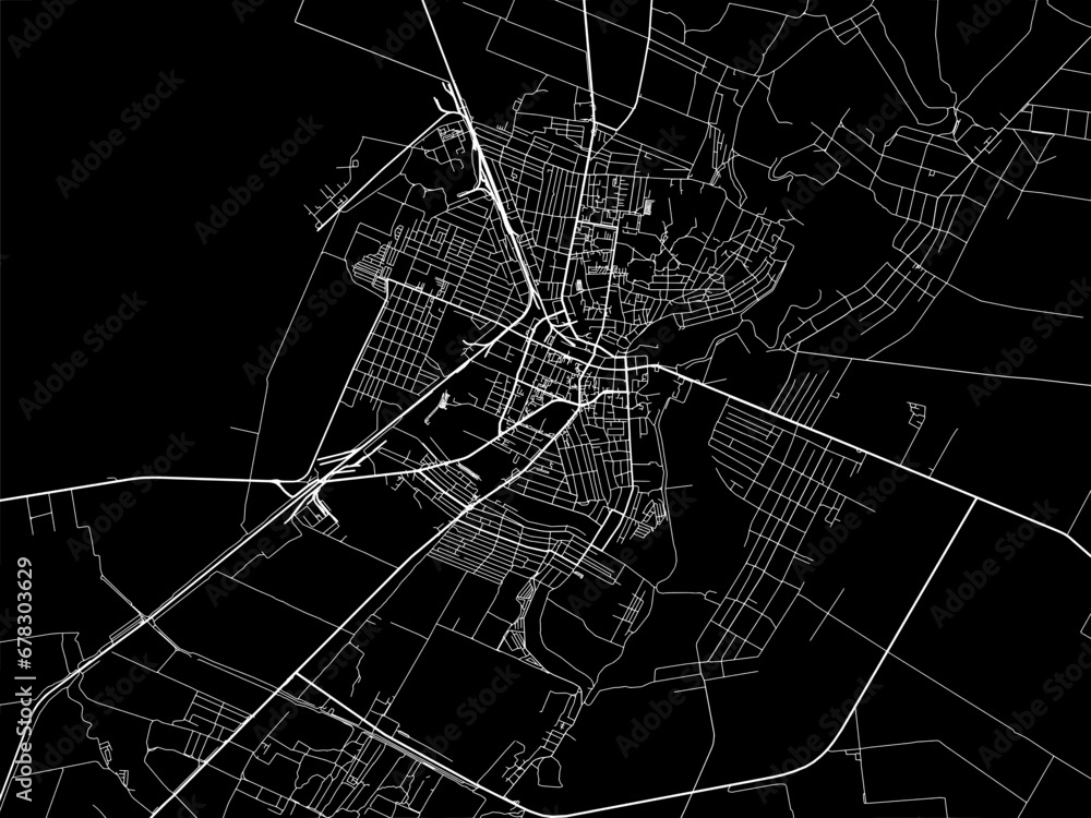 Vector road map of the city of Melitopol in Ukraine with white roads on a black background.