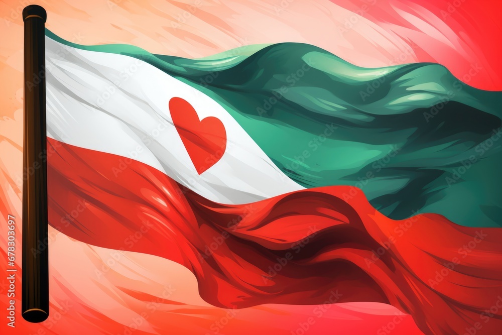 Naklejka premium A flag with a heart symbol on it waving in the breeze. This image can be used to represent love, patriotism, or support for a cause.