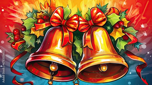  a painting of two bells with bows and holly leaves on a red and blue background with snowflakes and snowflakes on the bottom and bottom of the bells.