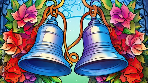  a painting of a pair of bells hanging from a chain with roses around it and a blue background with a blue sky and a blue sky with a few clouds.