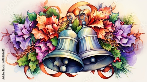  a painting of a christmas bell with holly leaves and holly wreaths on the bottom of the bell is surrounded by holly leaves, holly berries, holly leaves, and bells.