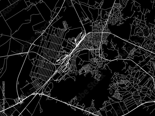 Vector road map of the city of Novomoskovsk in Ukraine with white roads on a black background.