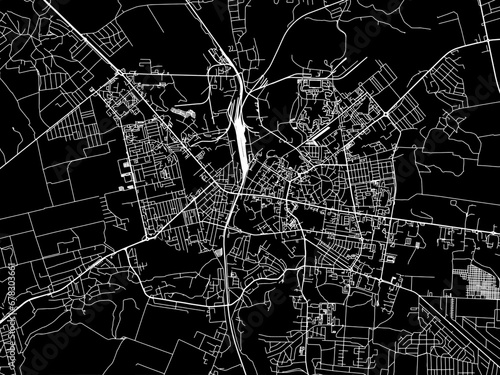 Vector road map of the city of Rivne in Ukraine with white roads on a black background.