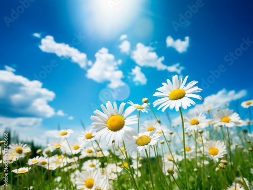 Beautiful summer landscape with a field of daisies and blue sky 