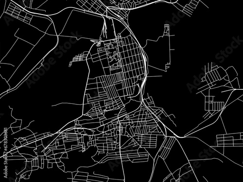 Vector road map of the city of Snizhne in Ukraine with white roads on a black background.