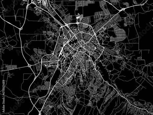 Vector road map of the city of Simferopol in Ukraine with white roads on a black background.