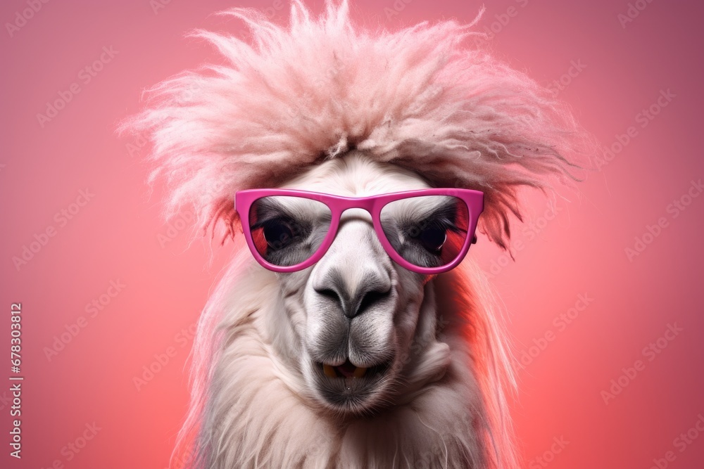 A llama wearing sunglasses and a pink wig. Perfect for adding a touch of fun and humor to any project