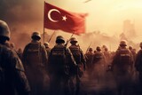 A group of soldiers standing proudly in front of a Turkish flag. This patriotic image can be used to represent military strength, national pride, or to honor the armed forces.
