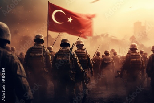 A group of soldiers standing proudly in front of a Turkish flag. This patriotic image can be used to represent military strength, national pride, or to honor the armed forces.