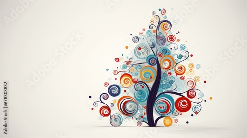  a colorful christmas tree with swirls and circles on a white background with a space for a text or an image to put on the bottom of the christmas tree.