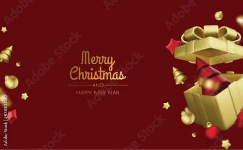 New Year or Christmas sales design template. Vector illustration. Winter background with decorative gift box and gold stars