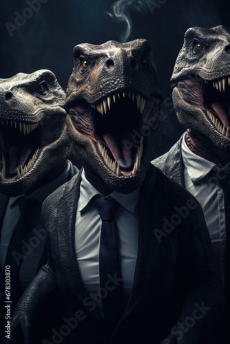 A group of dinosaurs dressed in formal suits and ties. This image can be used to represent concepts such as corporate world, professionalism, or even humor © Fotograf